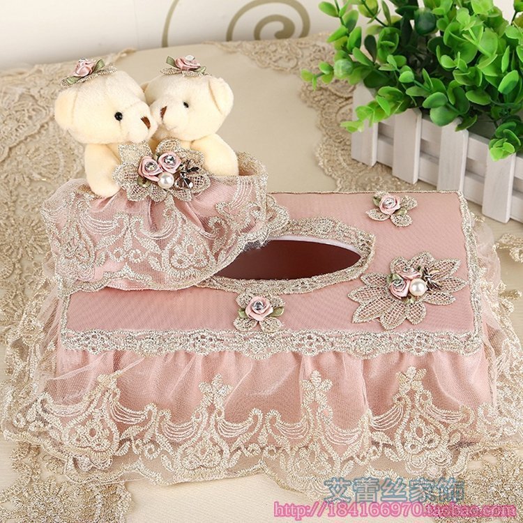 Tissue box High-grade lace edge computer embroidery Home decoration Napkin box Cute bear living room bedroom with fabric draw