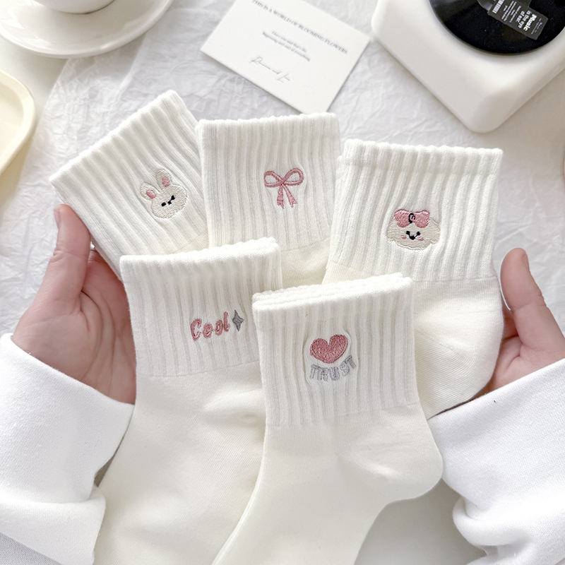 Spring and Autumn Cute Sports Style Socks Women's Mid-Calf Socks White Cotton Socks Breathable Cartoon Embroidery Girls Korean Style ins Trendy