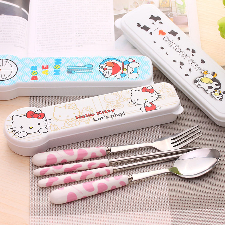 Cartoon ktcat stainless steel travel tableware chopsticks spoon Fork three-piece set for primary and secondary school students children portable tableware set