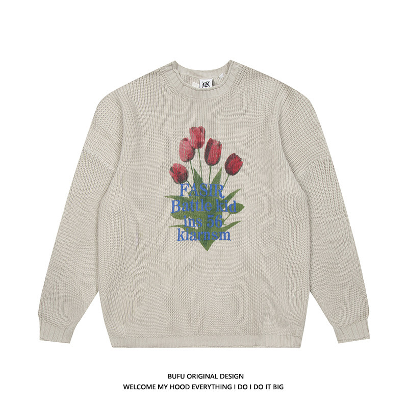 Billions of Young National Tide Tulip Printed Sweater Men and Women Couple Sweet Couple Sweet Renaissance Knitting Sweater