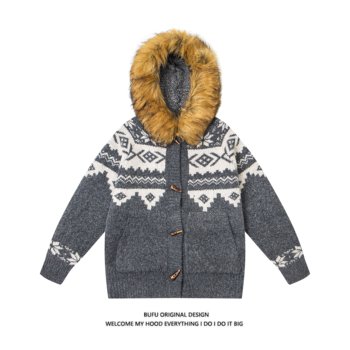 Detachable fur collar fair isle sweater coat sweater Detachable fur collar fair isle sweater coat sweater