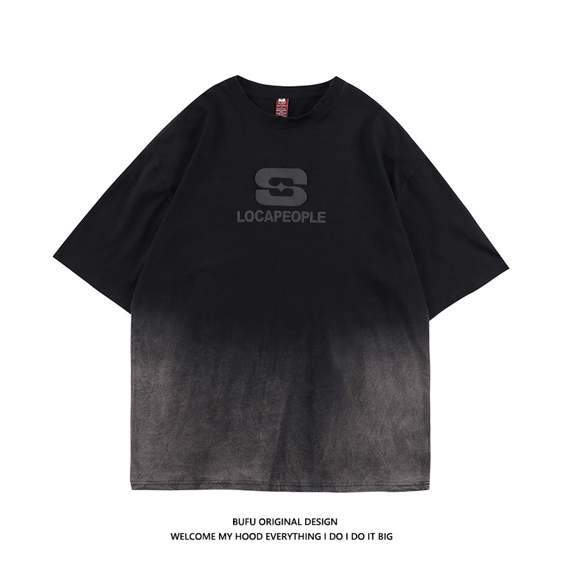 hundreds of millions juvenile national tide card gradient sparkling printed short sleeve T-shirt male couple zdyeing loose hip hop small crowdsleeve half sleeve 