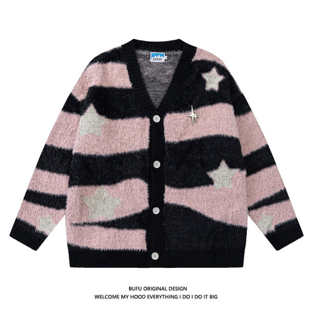 Billionaire boy striped mohair cardigan sweater men and women trendy couple millennium y2k hot girl sweater jacket ins