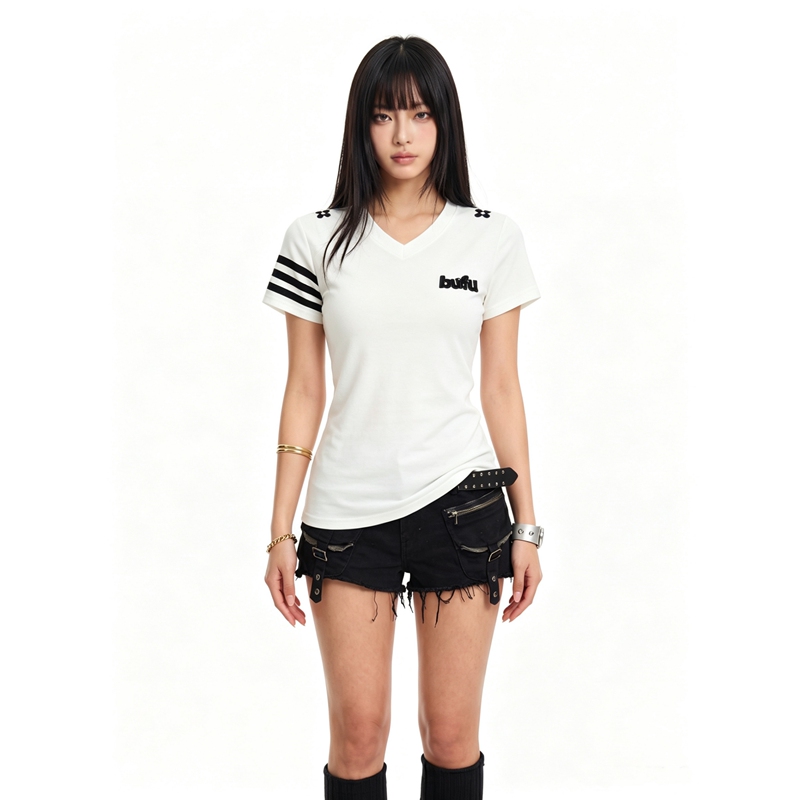 Bufu American Retro Sports Girl Polka Dot Letter Short-Sleeve T-Shirt for Women with Webbing Stripes, Waist-Cinching Slim-Fit Top Tee Bufu American Retro Sports Girl Polka Dot Letter Short-Sleeve T-Shirt for Women with Webbing Stripes, Waist-Cinching Slim-Fit Top Tee