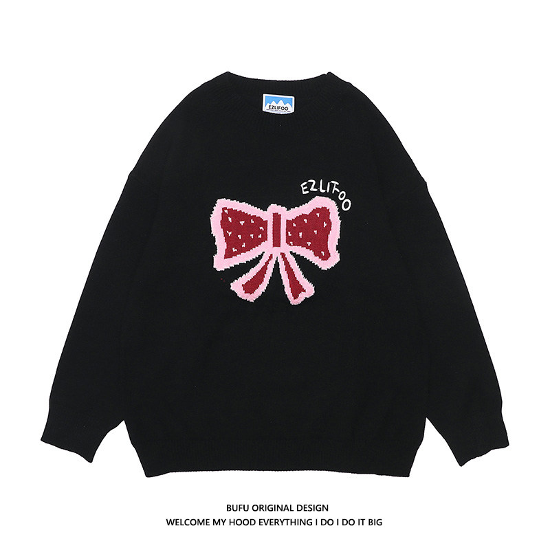 hundreds of millions juvenile Guochao small crowdsourced retro butterfly knot sweater male and female autumn and winter lovers oversize salt tie-knitted sweatshirt