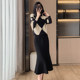 Autumn and winter high-quality color-blocking diamond-shaped sweater skirt suit French retro lazy style top and skirt two-piece set