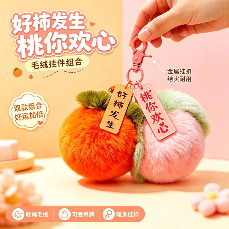 Plush Persimmon Keychain for Women, Peach Backpack Pendant, Small Accessory with a High-End Feel, Keychain Decoration