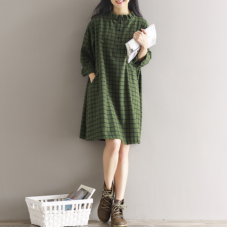 孕妇装2018春夏装新款文艺中长款宽松大码长袖棉麻格子连衣裙潮妈