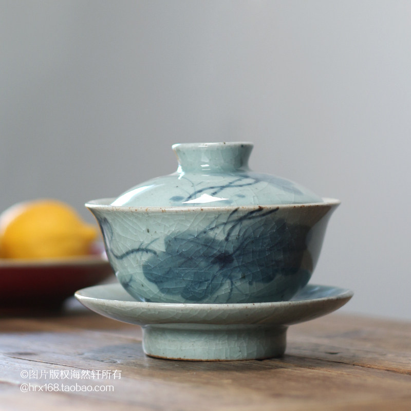 Ancient pottery hand-made cover bowl teacup large Sancai tea bowl single pastel hand-painted Jingdezhen ceramic tea set