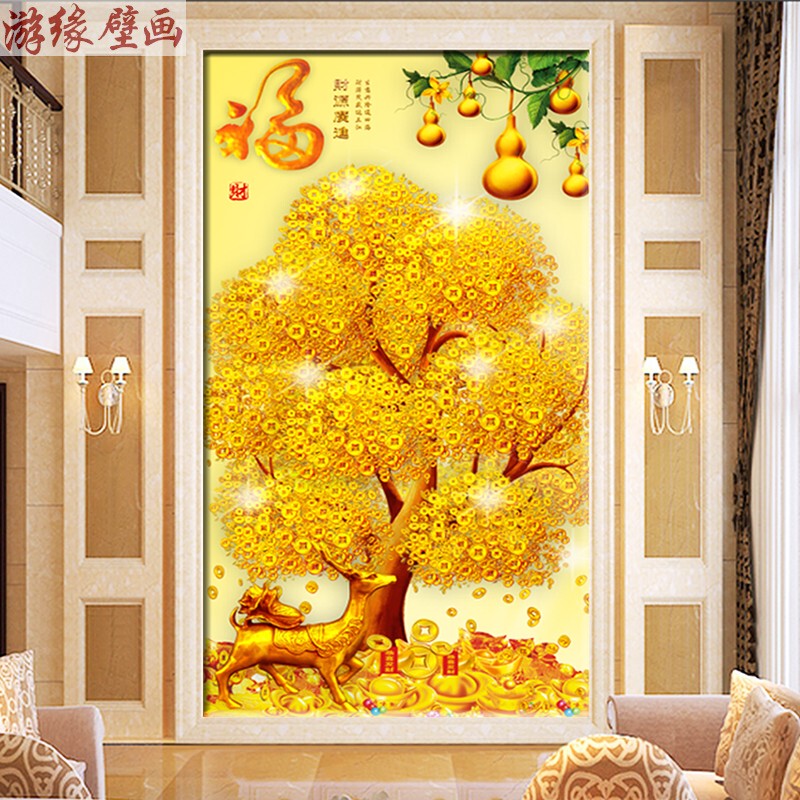 3D Stereo Fortune Tree Entrance Background Wall Wallpaper 8D Wallpaper Restaurant Corridor Aisle Mural Money Tree Deer Wall Cloth