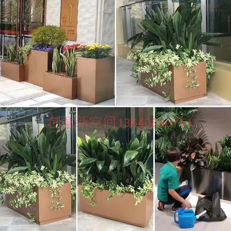 Outdoor Composition Flower Case Iron Art Mobile Flower Racks Stainless Steel Flower Groove Rectangular Flower Beds Outdoor Finished Flower Pots Custom