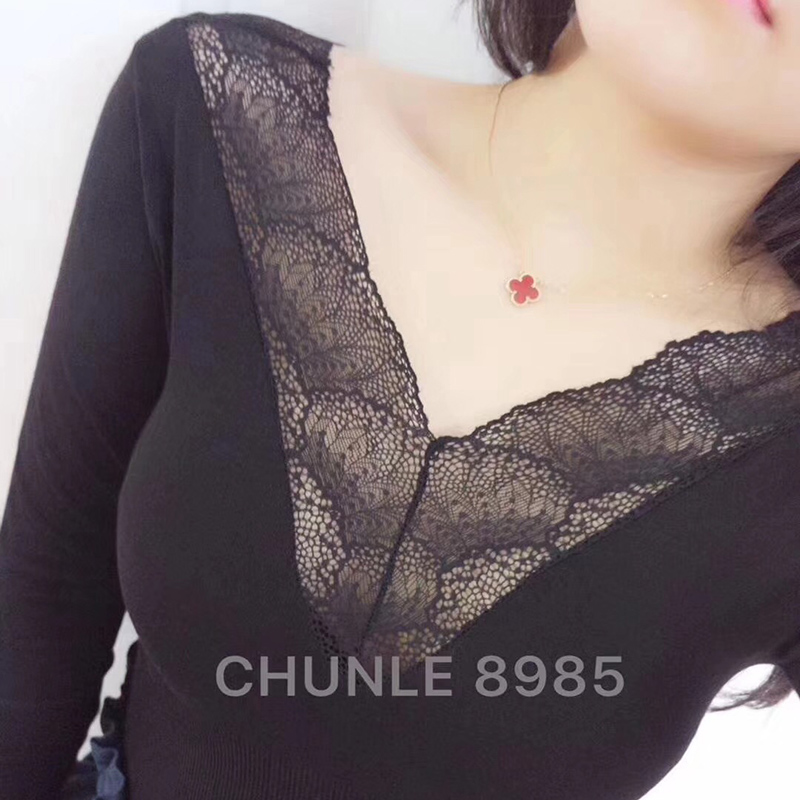 Sốt áo sơ mi sợi nhựa nữ cổ chữ V ren lưng rỗng gợi cảm nữ thần hai mặt quần áo nhiệt đồ lót 8985 áo nâng ngực