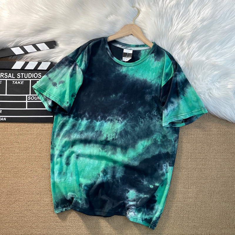 ins Trendy Summer Vacation Beach Tie-Dye Short-Sleeve T-Shirt Hip-Hop Casual Streetwear Pure Cotton Unisex Gradient Color Clothing