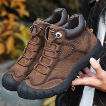 Autumn and winter Martin boots mens genuine leather high top cowhide boots mens short boots British non-slip outdoor tooling boots mens 48 fleece