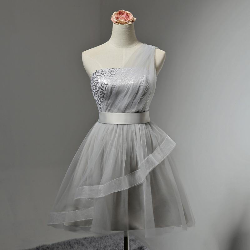 Gray French-Style One-Shoulder Short Dress with Elegant Temperament, Suitable for Banquets, Birthday Parties, Coming-Of-Age Ceremonies, Bridesmaids, and Can Be Worn Casually Gray French-Style One-Shoulder Short Dress with Elegant Temperament, Suitable for Banquets, Birthday Parties, Coming-Of-Age Ceremonies, Bridesmaids, and Can Be Worn Casually