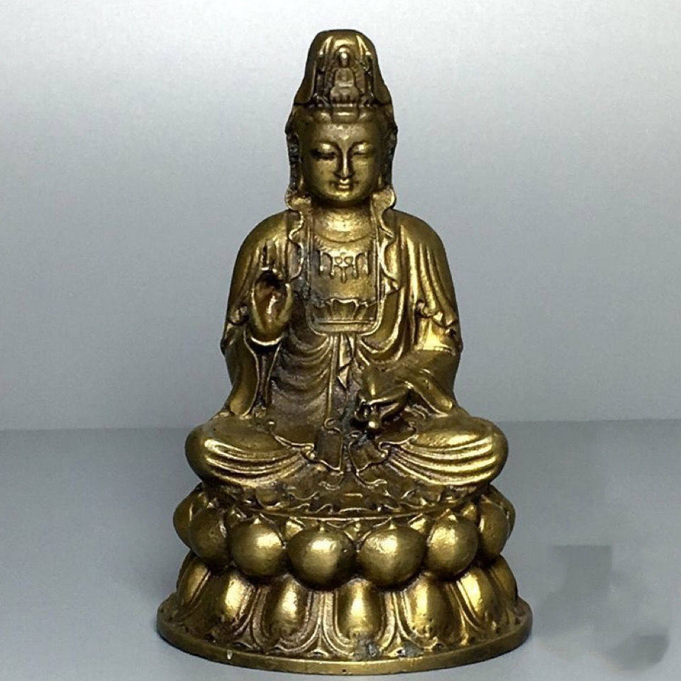 古玩黄铜老物件净瓶坐莲观音佛像观世音菩萨铜像古董旧货包老保