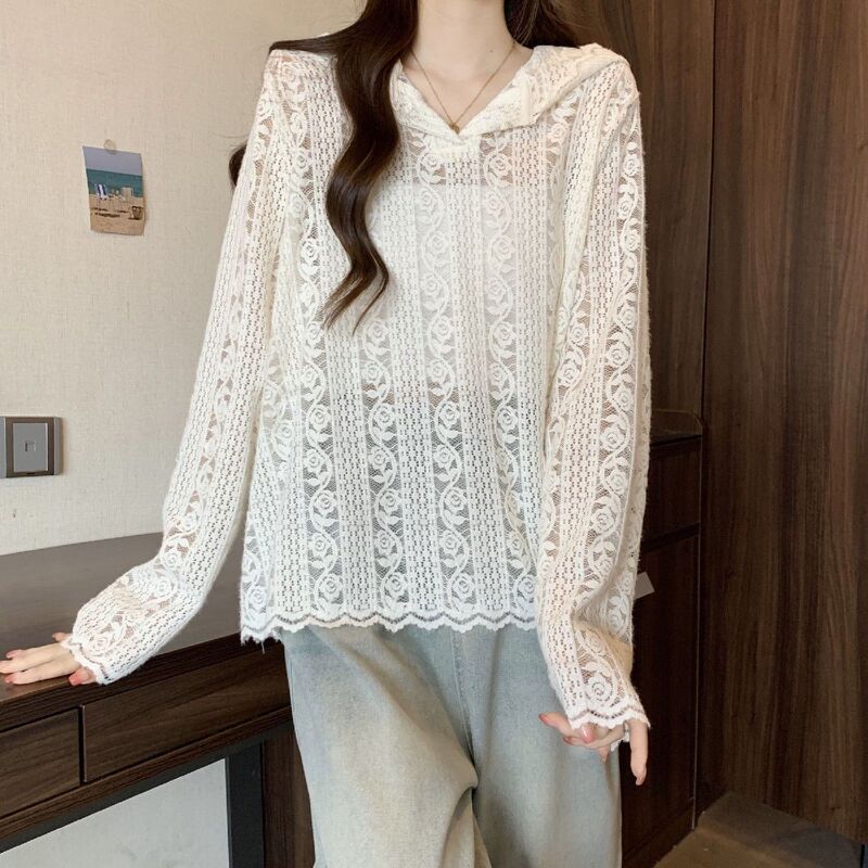 Plus-Size Women's Slimming French-Style Shirt, Autumn Lace Black Long-Sleeve 2025 Large Size High-End Hooded Base Shirt
