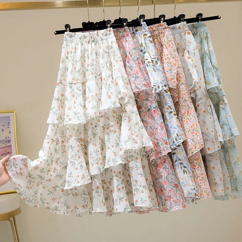 New Half-Length Skirt for Summer 2023, Floral Irregular Ruffles, Versatile A-Line ins Super Fairy Cake Skirt for Women