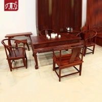 Huang Ze Dongyang Khắc gỗ Bàn trà Kung Fu Nội thất gỗ gụ Lào Red Rosewood Square Tea Table Tea Table 7 Piece Set - Bộ đồ nội thất giường ngủ gỗ