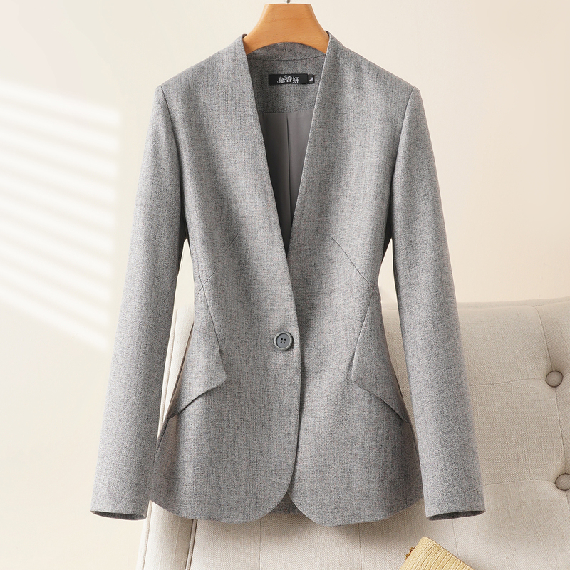 Collarless Blazer for Women 2026 Spring and Autumn New Style Gray Waist-Cinching Small Blazer with a Sense of Design and Patchwork Suit Top
