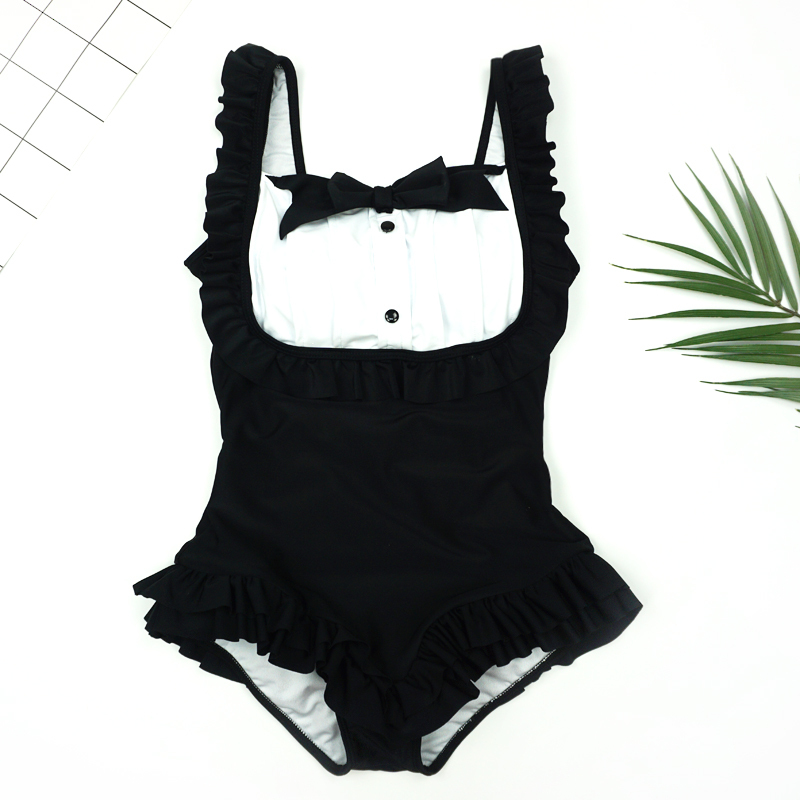 Cute Japanese Maid-Style Swimsuit ins with Ruffles, Small Bust, Kawaii One-Piece, Conservative, Slimming, Student Girl Swimsuit
