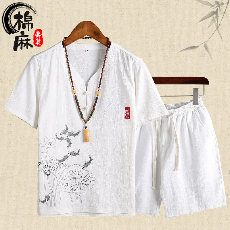 Chinese-Style Cotton and Linen Pajamas for Men, Summer Short-Sleeved Thin Casual Wear That Can Be Worn Outside, Home Wear, Sauna Linen Set