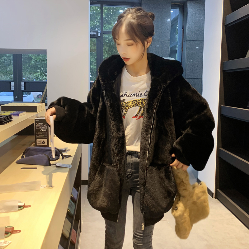 Hàn Quốc phiên bản của trung dài 2019 mùa đông bướm kiểu áo zip-up thỏ len mui xe sang trọng lông áo của phụ nữ lỏng lẻo