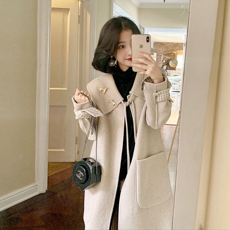 (40% off pick-up) Daxi self-made women's lapel double-sided woolen coat temperament tie mid-length loose woolen coat