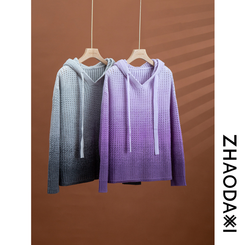 [in Stock] Gradient Rainbow Sweater |   100% Cotton Wool Gradient Hollow-Out Hooded Wool Sweater