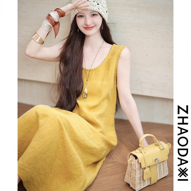 Zhao Daxi | Hemp Dress under the Lemon Tree | 100% Hemp Back-Tie High-End Sleek Sleeveless Dress