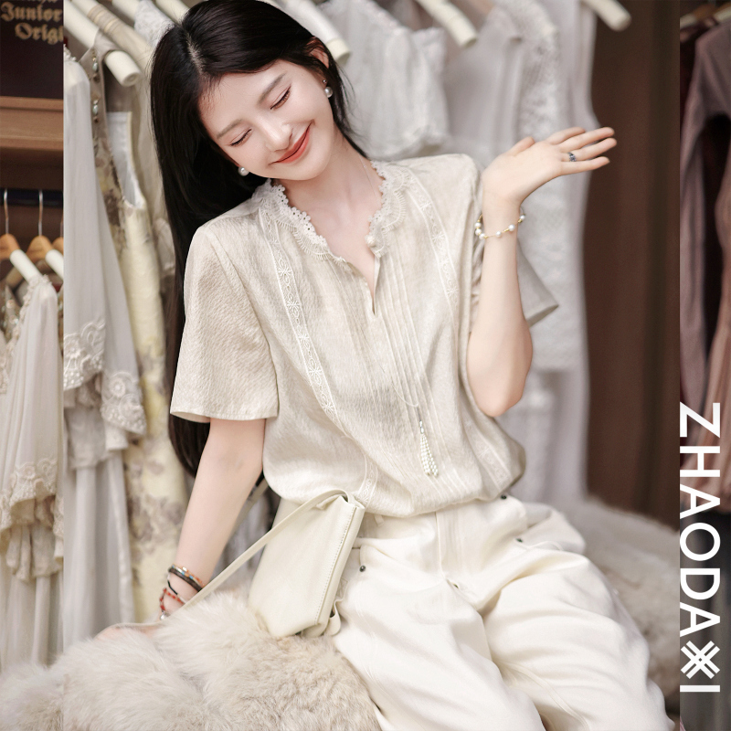 Zhao Daxi | White Soda. Small Shirt. | 100% Silk Spliced Lace Hollow-Out Trim Simple French-Style Shirt for Women, Summer 26