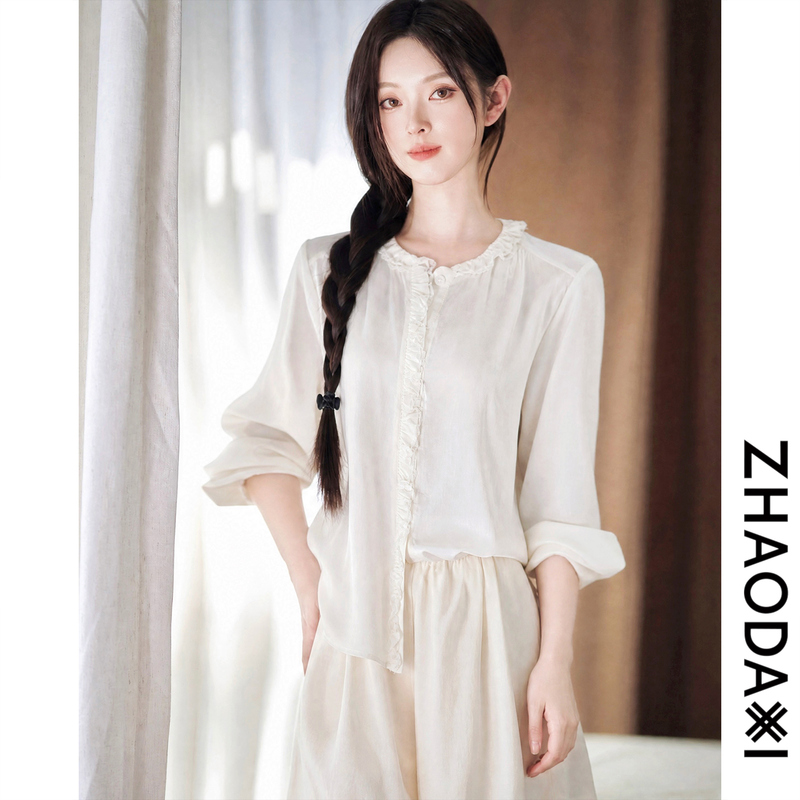 Zhao Daxi | Lilith Shirt | 19mm Silk Elastic Double Ruffle Lace Trim French Vintage Top Zhao Daxi | Lilith Shirt | 19mm Silk Elastic Double Ruffle Lace Trim French Vintage Top