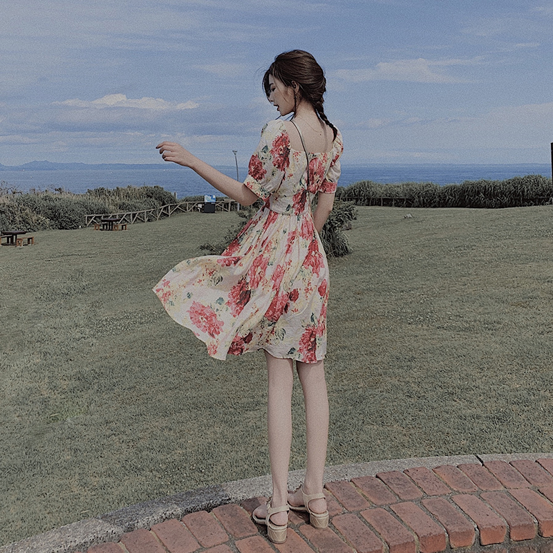 (6 Fold pick-up) Great Joy Homemade Cashew's Lean Temperament Fashion Retro Print Harnesses Long version of the dress