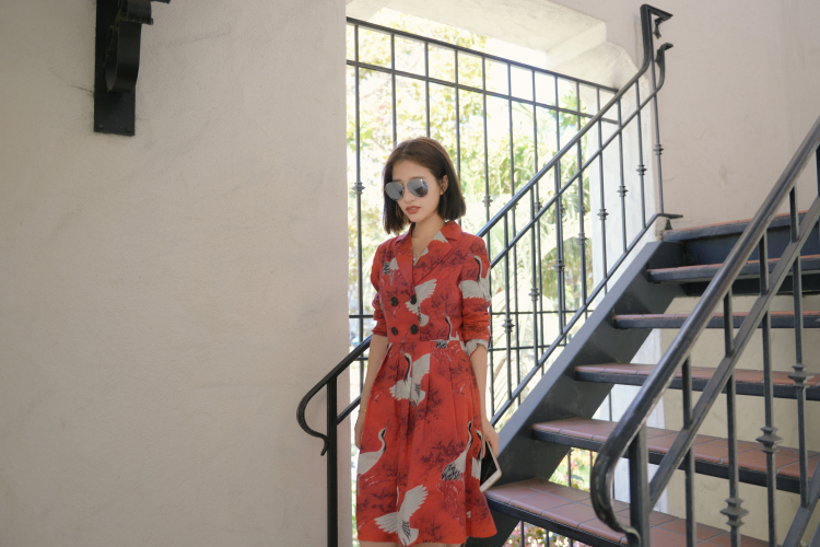 Daxi tự chế mùa thu mới thon cao eo dài tay áo gió in đầm 	váy rút eo	