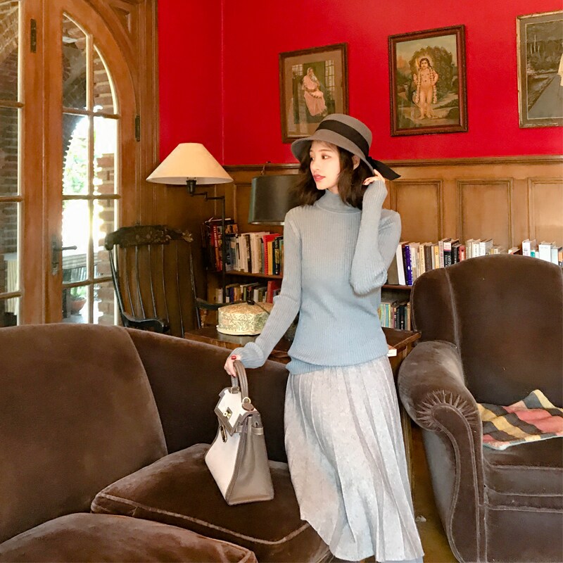 Daxi homemade 2019 autumn and winter new temperament thin shoulder button knitted base shirt women's slim long-sleeved tight sweater