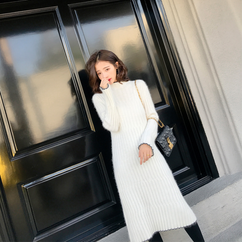 Great Joy Homemade 2019 Winter Dress New Temperament Lady Long Sleeve Foreign Dress Women's Slim Rabbit Fur Horn Sleeve Knitted Dress
