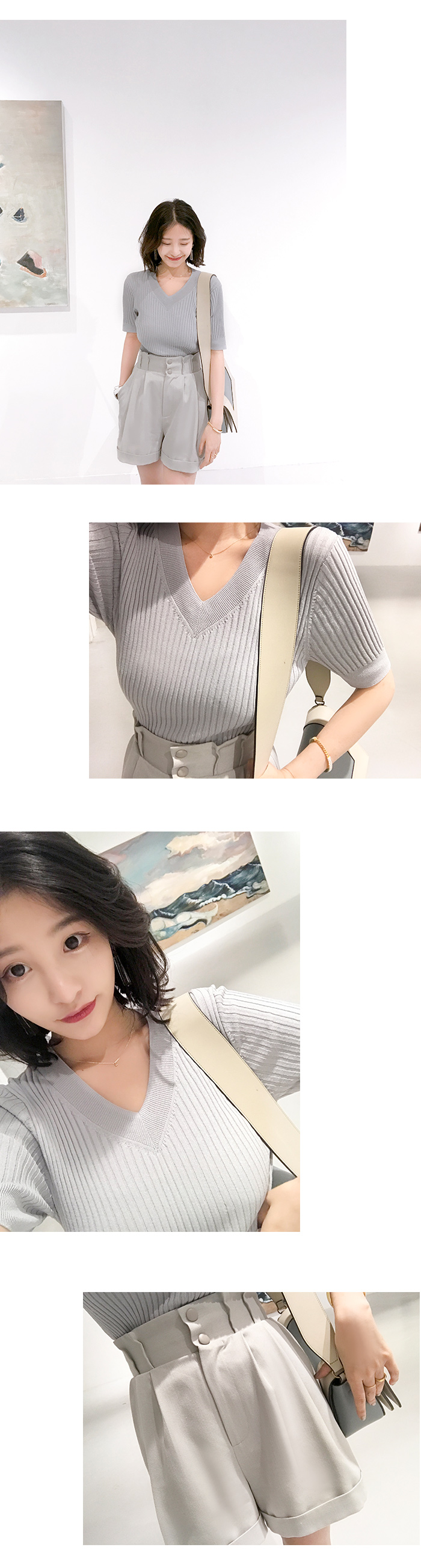 Daxi tự làm 2018 hè mới retro cổ chữ V đa năng kiểu dáng ngắn chạm đáy áo dệt kim Áo thun ngắn tay nữ áo len nam