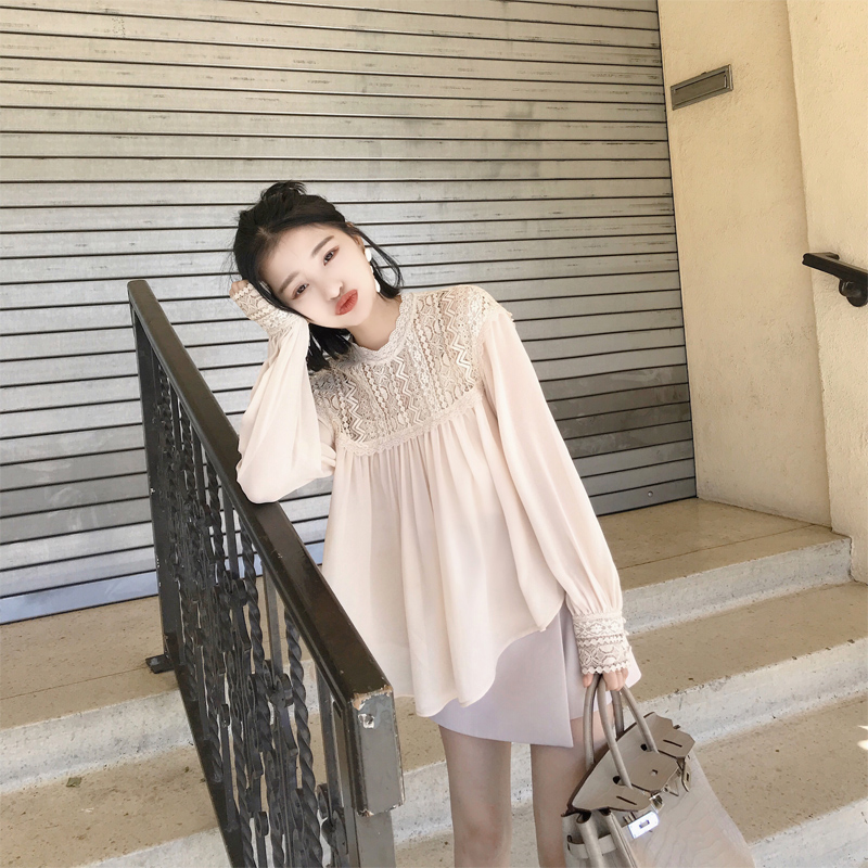 Daxi tự làm 2018 mùa thu mới nửa cổ áo voan cao cổ nữ có một chiếc áo dài ren mỏng tay dài áo sơ mi trang nữ form rộng
