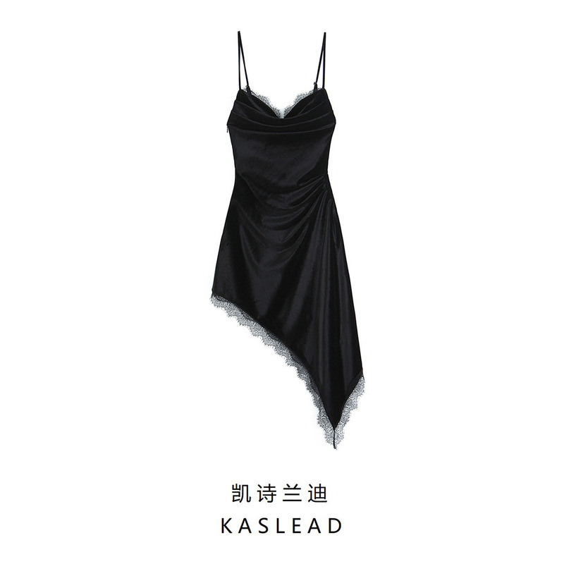 Kaslead New Women's Clothing European and American Style Fashionable Asymmetrical Lace Velvet Dress 9838242