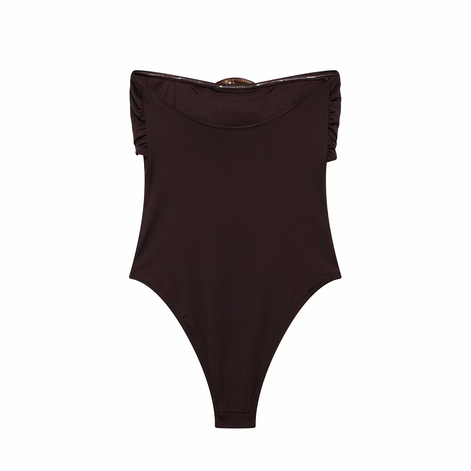 Боди/брюки kaslead 新款 女装 欧美风时尚金属饰一字领黑色泳衣 0167216