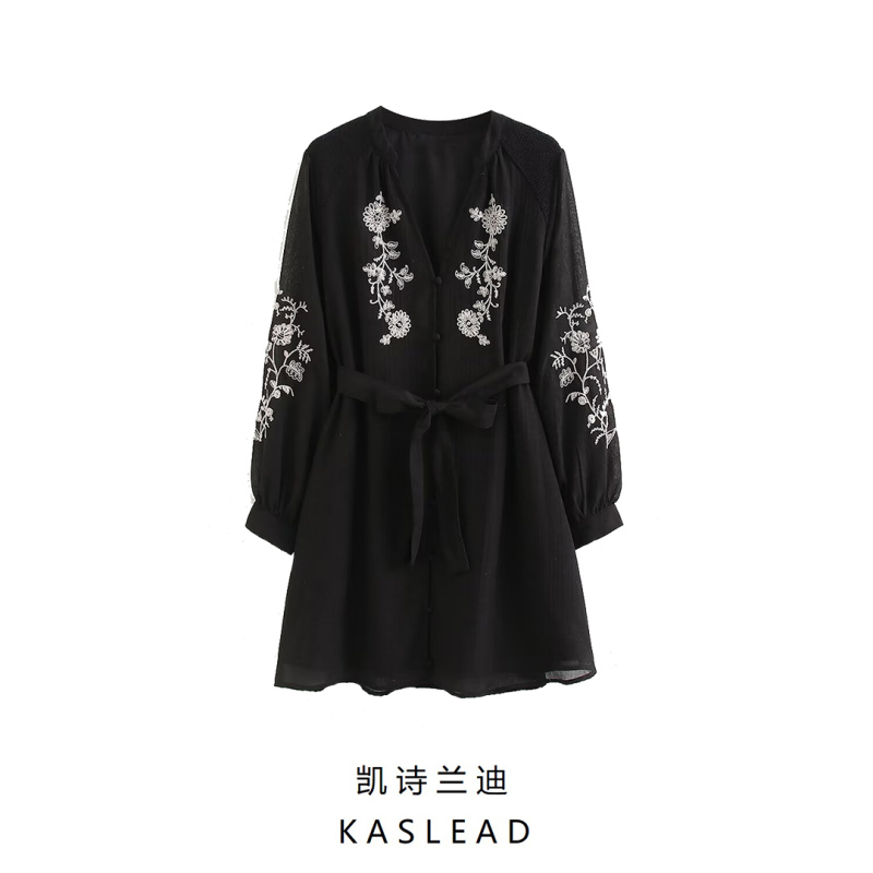 Kaslead New Women's European and American Style Fashionable Simple Embroidered Mini Long-Sleeved Short Dress