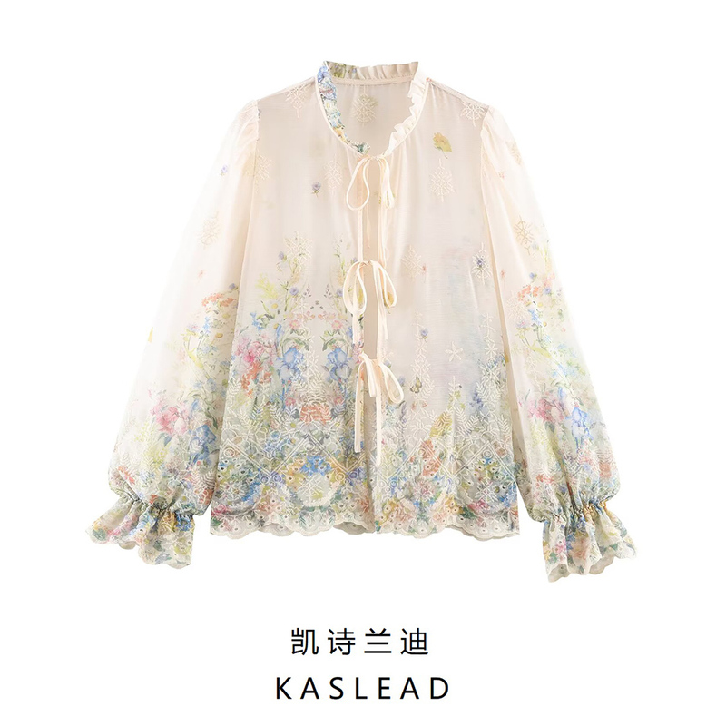 Kaslead New Women's Clothing European and American Style Fashion Simple Loose Lace-Up Embroidered Long-Sleeved Top