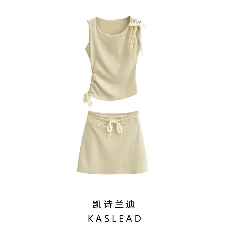 Design vest, mini-skirt, European style, trend of season, drawstring, high waist