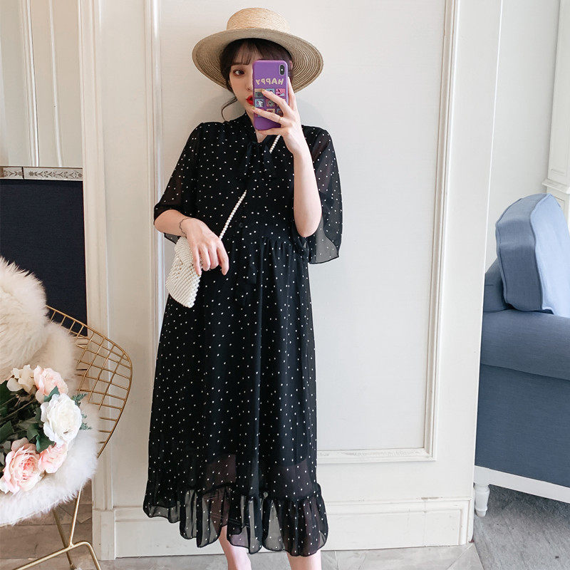 Maternity spring chiffon dress mid-length slim hip mom top summer dress plus size loose long skirt summer skirt