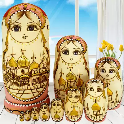Matryoshka imported 10-layer castle doll log natural color branding bronzing gift toy ornaments