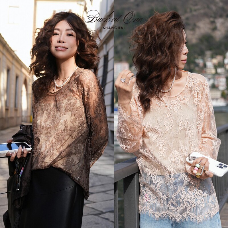 Backatone "Floating Flower Night Shadow/Rococo" Lace Top Shirt Long-Sleeved Elegant Simple Short-Sleeved Women's Clothing