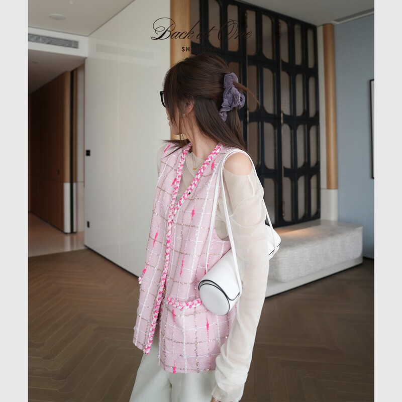 Backatone “Golden Powder Family” Tweed Jacket/Vest Plaid Pink Loose Short Jacket Tweed Style