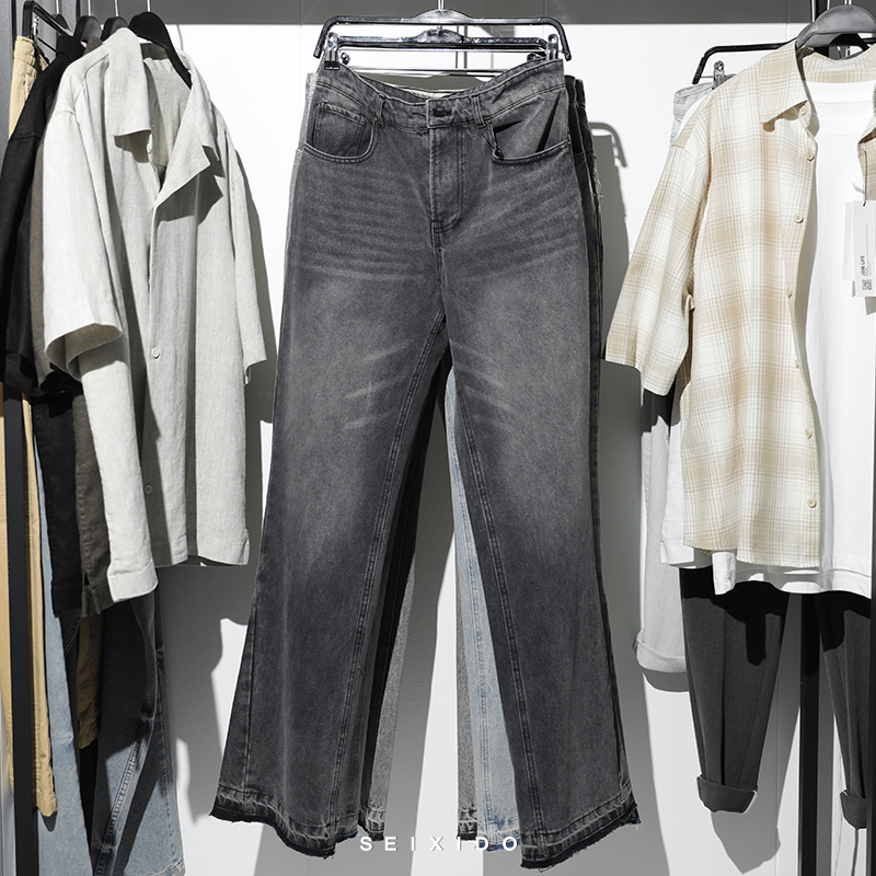 Cabinet 429! American-Style Simple New Men's Clothing, Washed Cotton, Comfortable Casual Flared Raw Hem Jeans 0840353