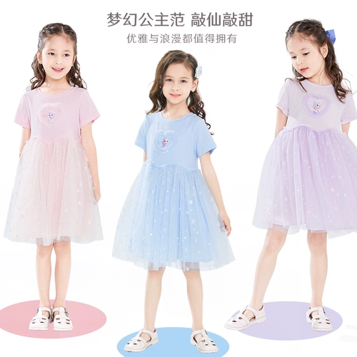 Платье принцессы Диснея для девочек, платье ледяной и снежной принцессы, летнее платье, новинка 2025 года, сетчатое платье, тонкое платье для девочек