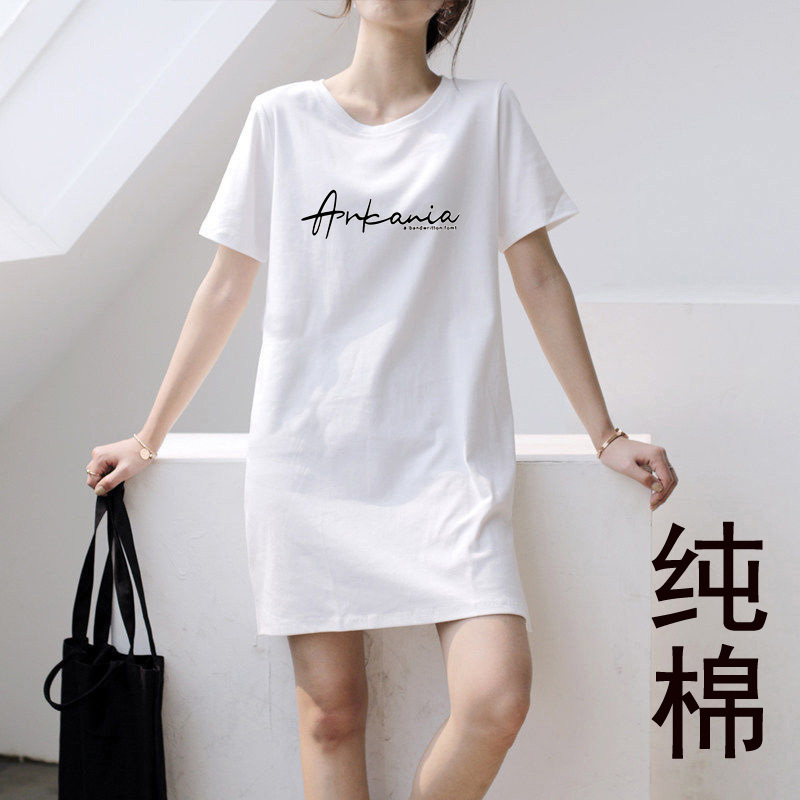 100% Pure Cotton 2026 Round Neck Mid-Length Short-Sleeved Versatile Casual Large Size Slimming Letter Print White T-Shirt for Women 100% Pure Cotton 2026 Round Neck Mid-Length Short-Sleeved Versatile Casual Large Size Slimming Letter Print White T-Shirt for Women